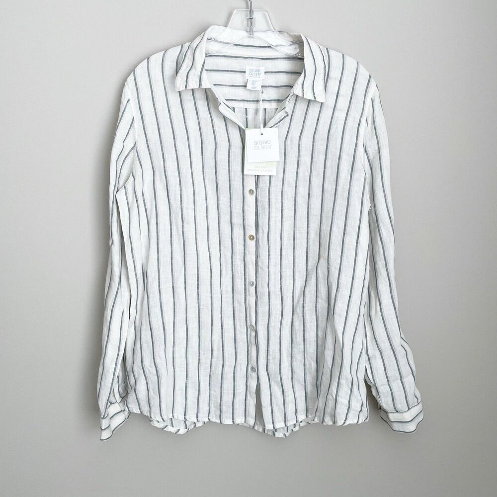 Sigrid Olsen Size L Striped Long Sleeve Button 100% Linen Shirt Top NEW NWT